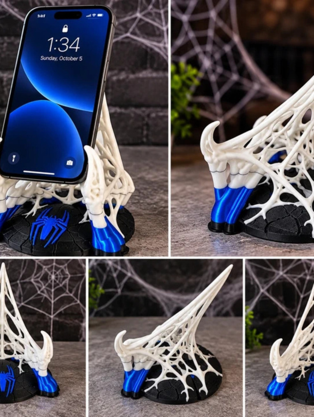 Spider Web Phone Stand – Blue & White Decorative Cell Phone Holder Description